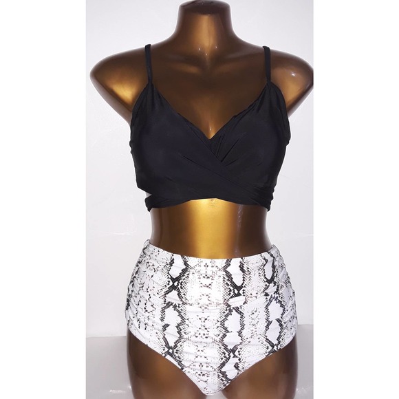 NIP Bikini Sz L Animal Print High Waist Bottoms, Padded Black Strappy Top - Picture 2 of 7